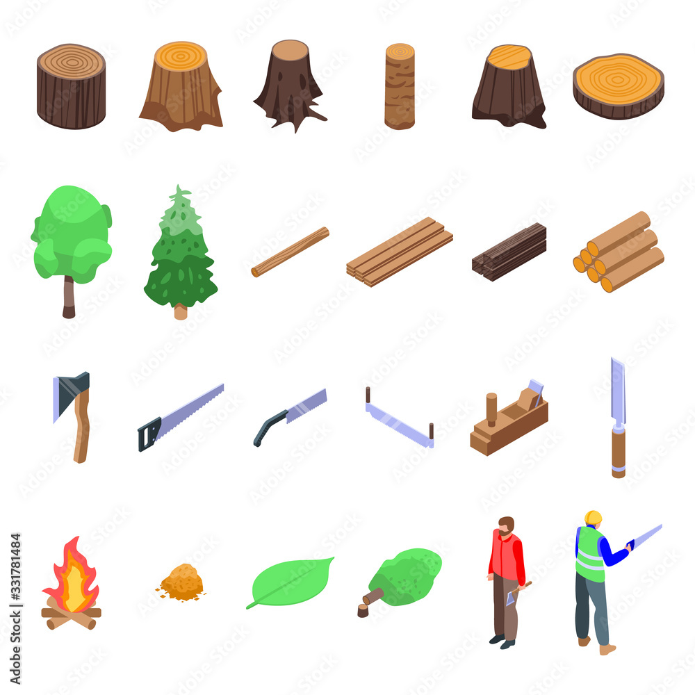 Deforestation icons set. Isometric set of deforestation vector icons ...