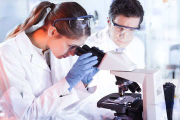Poster - Life scientists researching in laboratory. Attractive female young scientist and her doctoral supervisor microscoping in their working environment. Healthcare and biotechnology.