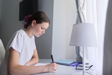 Teenager girl sitting studying at desk at home near window