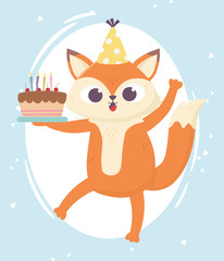 Canvas Print - happy day, little fox with hat and sweet cake