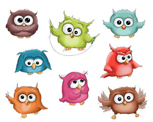 Illustration funny cartoon cute colorful green pink brown red blue orange owl isolated on white background