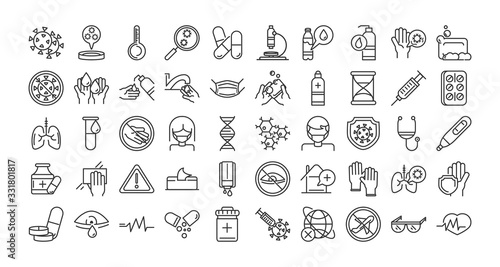 Fotografía virus covid 19 pandemic respiratory pneumonia disease icons set line style icon