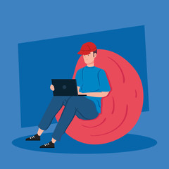 Sticker - man working in telecommuting with laptop sitting in pouf soft vector illustration design