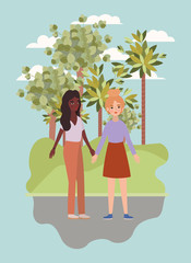 Wall Mural - Women holding hands trees and clouds vector design