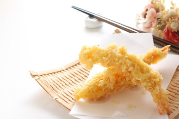 Wall Mural - Japanese food, ebi tempura on white background with copy space