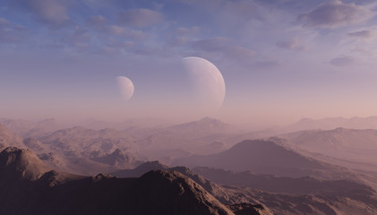 3d rendered space art: alien planet - a fantasy landscape with blue skies and clouds