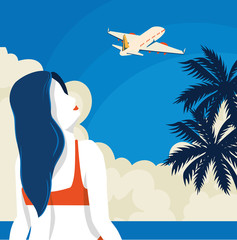 Poster - travel poster with woman and airplane vector illustration design