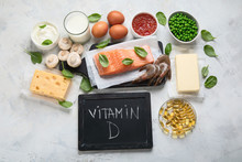 Vitamin D Foods And Capsulas. For Eye, Bone And Immune Systems Health, Blood Pressure Regulation. Against Cancer; Prevent Memory And Brain Decline;
