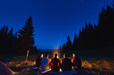 Wall Mural - summer camping under stars. rear view of group of five hikers, men and woman sitting near bright bon