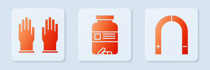 Wall Mural - Set Medicine bottle and pills, Rubber gloves and Magnet. White square button. Vector