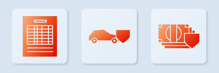 Sticker - Set Car with shield, Report file document and Money with shield. White square button. Vector