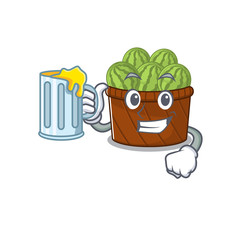 Sticker - Cheerful watermelon fruit basket mascot design with a glass of beer