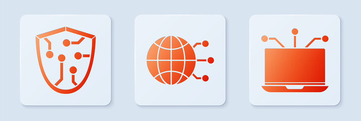 Set Global technology or social network, Cyber security and Laptop. White square button. Vector