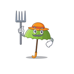 Sticker - Green umbrella in Farmer cartoon character with hat and pitchfork