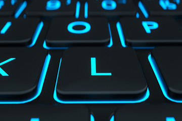 The L keypad laptop button and the symbol glow in the dark. Modern keyboard button closeup in blur background, 3d illustration