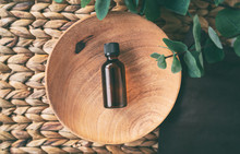 Top View Of Essential Oil Bottle Of Natural Eucalyptus Oils.