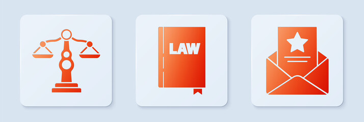 Sticker - Set Law book, Scales of justice and The arrest warrant. White square button. Vector