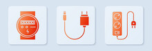 Set Charger, Electric Meter And Electric Extension Cord. White Square Button. Vector