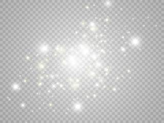 White sparks and golden stars glitter special light effect. Vector sparkles on transparent background. Christmas abstract pattern. Sparkling magic dust particles