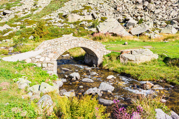 View of the bridge that crosses the Juclar river at the bottom of the Incles valley, Soldeu, Andorra