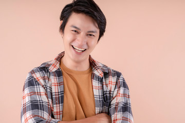 handsome asian attractive male face close up casual dress laugh and big smile happiness surprise expression,pretty asian man toothy smile wide mouth color background