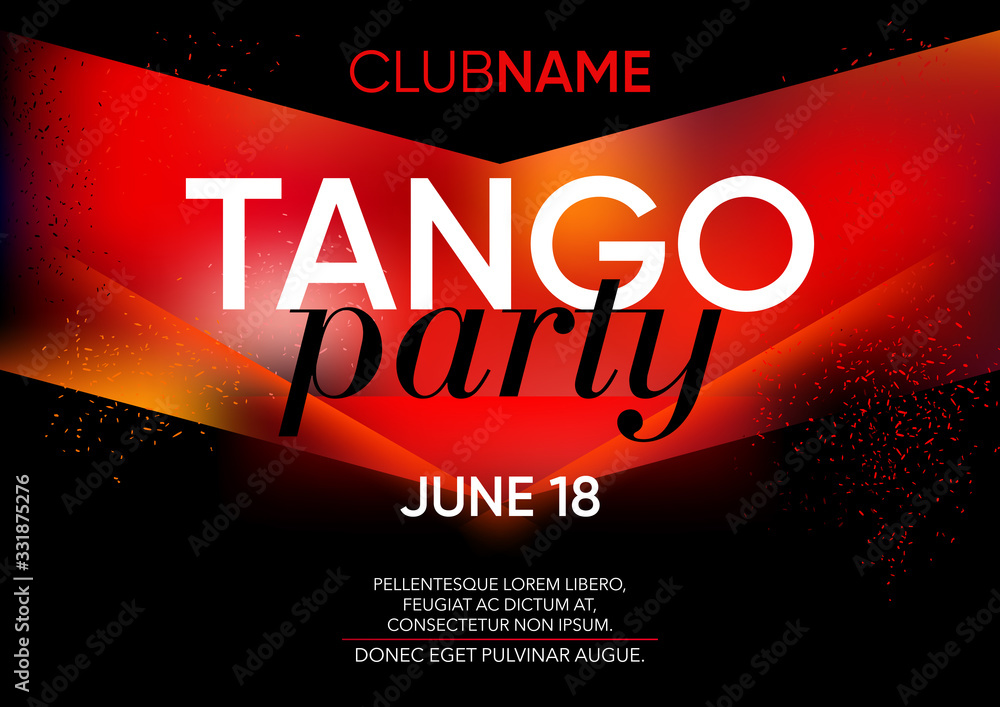 Horizontal tango party template with bright background, color graphic elements and text.  - obrazy, fototapety, plakaty 