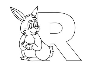 Wall Mural - animal alphabet. capital letter R, Rabbit. Raster illustration. For pre school education, kindergarten and foreign language learning for kids and children. Coloring page and books, zoo topic.