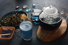 Healthy Blue Butterfly Pea Tea From Flowers Clitoria Ternatea Plant Or Asian Pegion Wings . Detox, Antioxidant, Anti-stress, Anti- Ageing Beverage Popular In Thailand, Vietnam, Bali, Malaysia