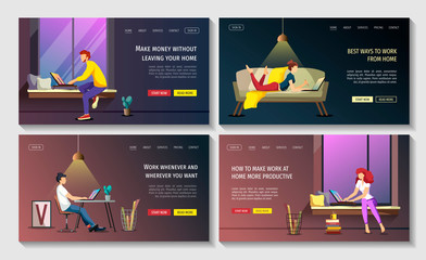 Set of web page design templates for Work at home, Freelance, Home office, Distance job, Online education, E-learning. Vector illustrations for poster, banner, website, flyer, presentation.