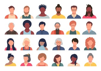set of persons, avatars, people heads of different ethnicity and age in flat style. multi nationalit