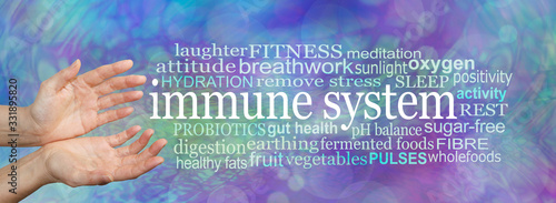 Immune System Strength Guidance Word Cloud -  female hands gesturing towards an IMMUNE SYSTEM word cloud on a  multicoloured modern abstract medical cellular theme background