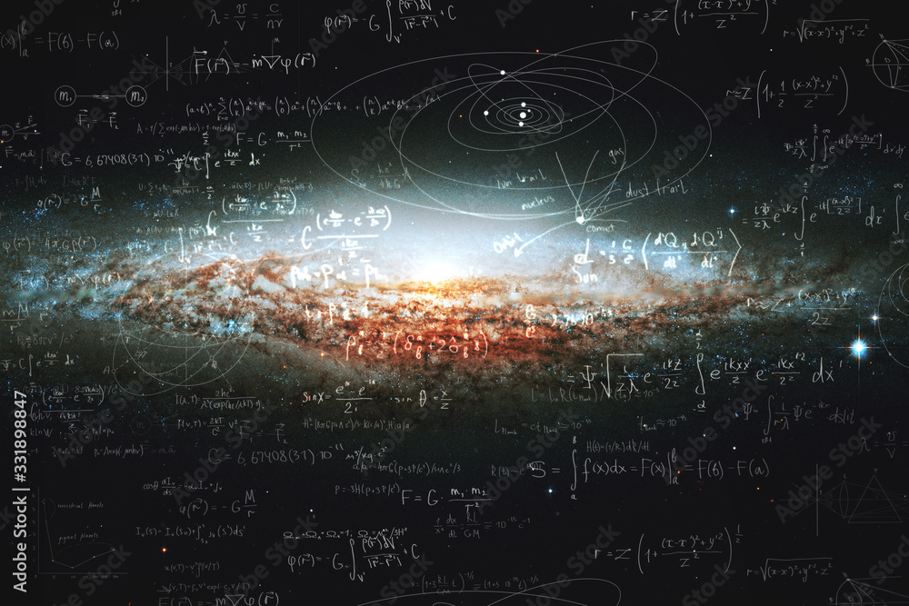 Science and research of the universe, spiral galaxy and physical formulas, concept of knowledge and education