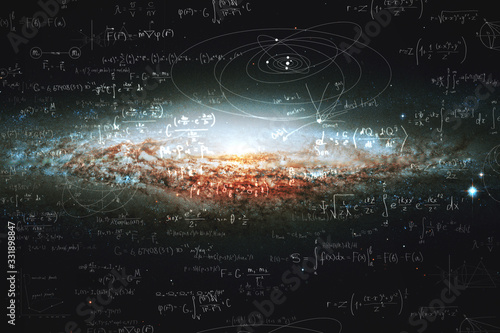 Science and research of the universe, spiral galaxy and physical formulas, concept of knowledge and education