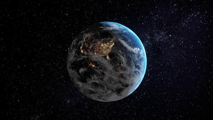 north american city lights from the space and sunrise. the earth slowly rotating in space with the l