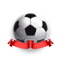 Football championship Design banner. Illustration banner with logo Realistic soccer ball and a red stripe Isolated on white background. black and white classic leather football ball with ribbon