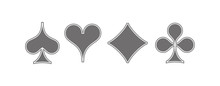 Set Diamonds, Clovers, Hearts, Spades Playing Card Suits Icons Template Gray Editable. High Quality Shape Playing Card Suit Symbol Pictogram For Web Design Or Mobile App Isolated On White Background