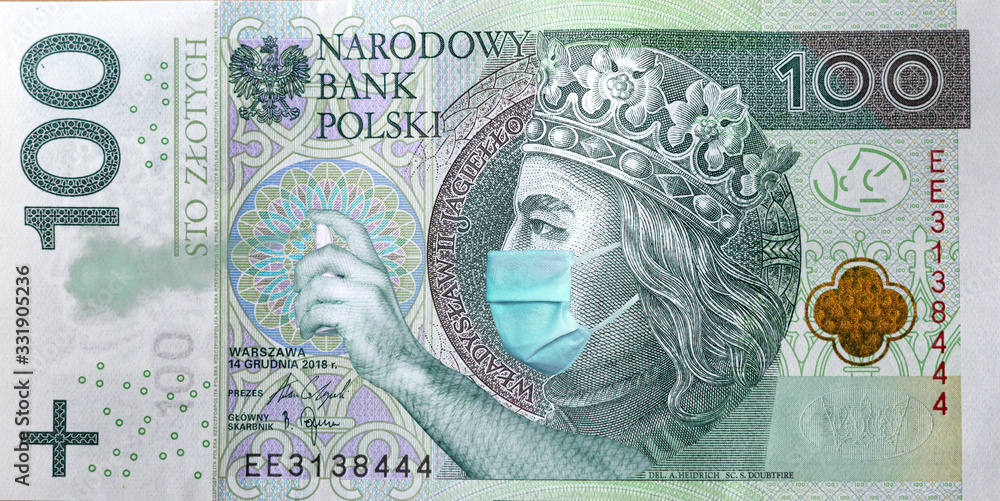 Coronavirus in Poland. Quarantine and global recession. 100 Polish zloty banknote with a face mask and antibacterial spray against infection. Global economy hit by corona virus covid19 outbreak and pa - obrazy, fototapety, plakaty 