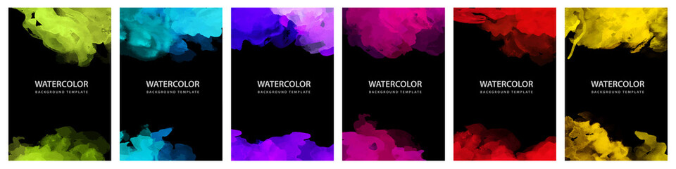 Wall Mural - Big set of bright vector colorful watercolor on vertical black A4 background for booklet or brochure