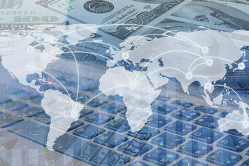 Double exposure business network trading connection and graph on capital finance city and money and businessman. Element of this images furnished bu NASA.