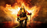 Fototapeta Sport - Feuerwehrmann kniet vor einem Feuer
