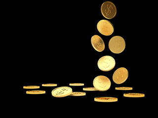 Falling gold coins with a dollar sign with space for text isolated on a black background. 3D illustration