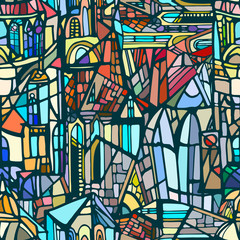  Abstract colorul illustration with fantasy city details. Hand drawn.