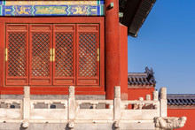 Red Wooden Window,, Decoration Colorful Painting Beam And Wood Pole From Ancient China Palace In Forbidden City With Blue Sky, Beijing, China