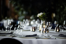 Beautiful Table Set For An Event Party Or Wedding Reception . Restaurant Interior