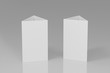 © Kakabe - Promotional table talker isolated on white background, mockup template paper tri-fold vertical triangle cards with reflections. white sheets front & left and right view. 3d render