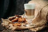 Fototapeta Na sufit - Latte Macchiato with cookies on the wooden table - horizontal