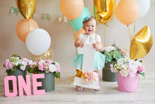 Smash Cake Party. Little Cheerful Birthday Girl With First Cake. Happy Infant Baby Celebrating His First Birthday. Decoration And Photo Zone For First Year. One Year Baby Celebration. Pink Decor.