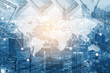 © pushish images - Double exposure digital networking technology on Money and financial city background. Concept of future business trend.  element of this images furnished by NASA.
