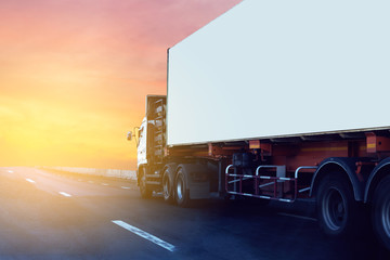 Wall Mural - Truck on highway road with white container, transportation concept.,import,export logistic industrial Transporting Land transport on asphalt expressway with sunrise sky