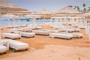 An empty beach with white wheelchairs and umbrellas. Resort coast without people . The concept of the collapse of the tourism industry. The sea coast is closed to tourists for quarantine